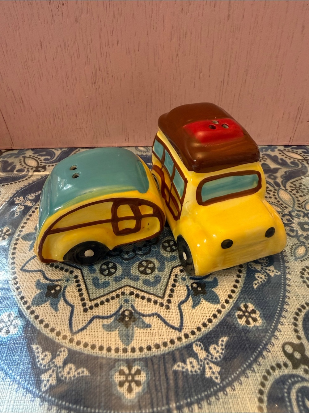 Pier 1 Yellow and Teal Ceramic Car Salt & Pepper Shaker Set